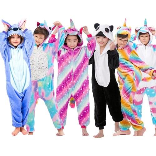 Children Kigurumi Unicorn Pajamas for Boys Girls Flannel Kids Stich Pijamas Set Animal Sleepwear Winter Onesies Unicornio pyjama