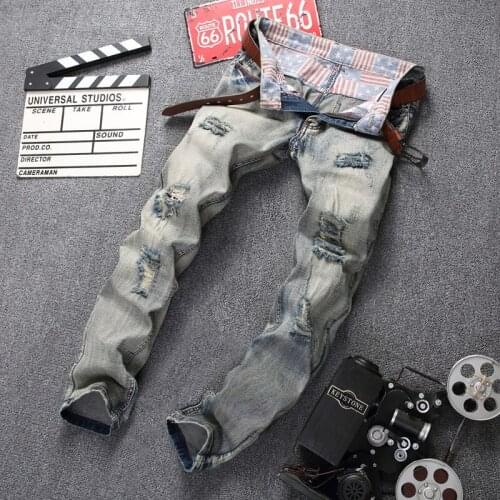 Men Ripped Jeans Fashion Casual Straight Male Denim Pants Big Size 28-42 Retro Slim Gray Man Trousers