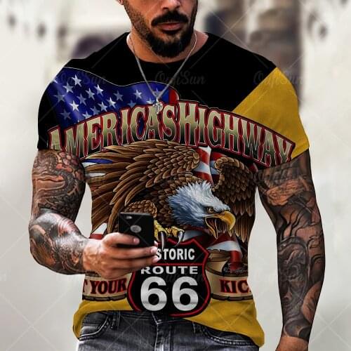Summer Mens T Shirts Oversized Loose Clothes Vintage Short Sleeve Fashion America Route 66 Letters With Eagle Print T Shirt 6XL