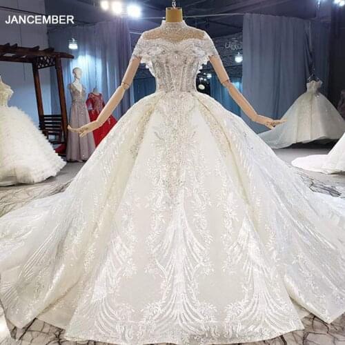 HTL2014 Luxurious Sequined Beading Crystal Wedding Dress 2020 Deep V-Neck Short Sleeve Ball Gowns Lace Up Back