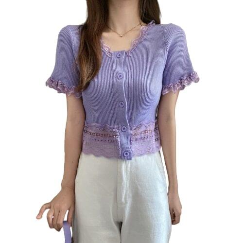 Patched Lace O-Neck Knitted Sweaters Cardigans Women Single-breasted Buttons Short Sleeve Thin Summer Sweater Crop Tops Female