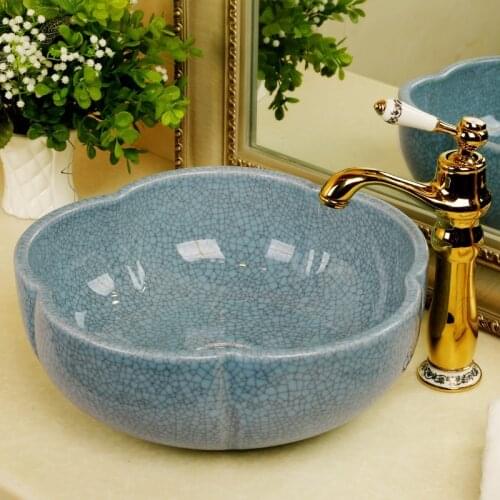 Flower shape jingdezhen hand maded crack ceramic bathroom washbasin