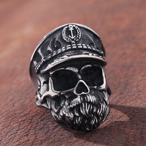 Retro Navy Captain Skull Rings Men Women Stainless Steel Gothic Punk Biker Rings Fashion Jewelry Gift Dropshipping Store