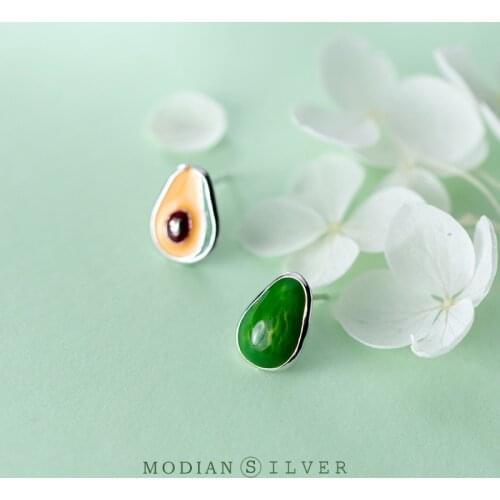 MODIAN Sunmmer Fruit Asymmetry Ear Studs for Women 925 Sterling Silver Green Enamel Avocado Stud Earring Fine Jewelry Girl Gift