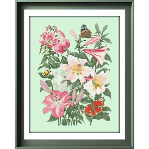 Lilies and butterfly cross stitch kits flowers pattern design 18ct 14ct 11ct light green canvas embroidery DIY needlework