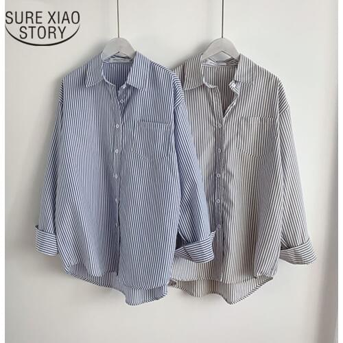 New Casual Cotton Female Shirts Tops Office Ladies Striped Shirt Blouses Women Single-breasted Loose Blouse Femme Blusas 13057
