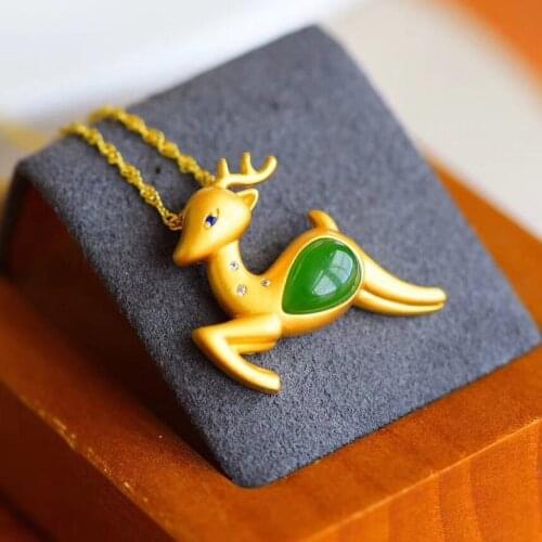 New Silver Inlaid Natural Hetian Chalcedony Deer Pendant Necklace Chinese Style Retro Fresh Cute Charm Womens Brand Jewelry