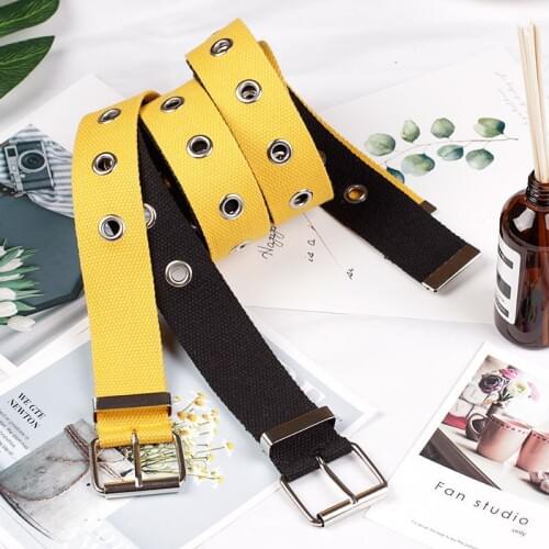 OLOME Fashion Yellow Women Students Canvas Waist Belts Black Grommet Hollow Pin Buckle Waistband 3.8cm Wide Belt