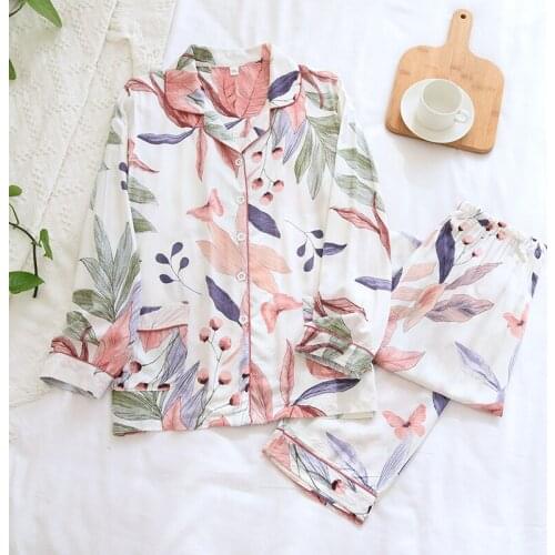 Autumn Womens Pajamas Set Plant Pattern Sleepwear Simplicity Long-sleeved Silk Like Nightie Luxury Home Clothes Nightwear Set