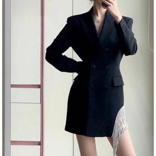 Fashion Black Tassel Blazers Women Solid Colors Double Breasted Mid-Length Suit 2021 Spring Autumn Indie Office Lady Work Blazer