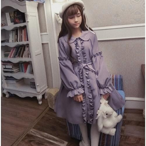Dress/Trench Button Down Galaxy Embroidery Cute Womens Lolita Dress Winter Peter Pan Collar Dolly Dress Color Grey