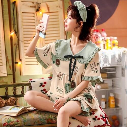 Pullover Turn-down Collar Short Sleeve Pants Pajama Girl 6535 Cotton Jammies O-Neck Side Pocket Sleepwear Nightwear Pyjamas HDE