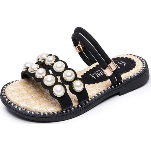 2020 Kids Shoes Girls Slippers Summer Fashion Pearl Rhinestone Sandals Slippers Children Big Girl Slides Shoes Flat Soft Sole