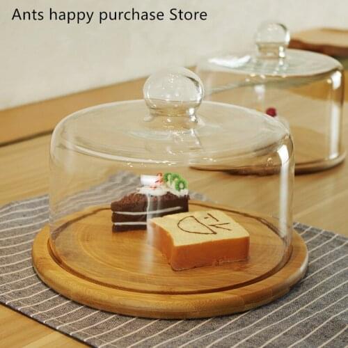 Glass transparent cover fruit plate Afternoon tea cake cover Wooden glass cover West Point tray Cake plate fruit dessert plate