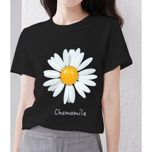 High Quality Soft T-shirt Womens O-Neck Short Sleeve Classic Black All-match Lady Tee Daisy Pattern Series Female Tops Clothes