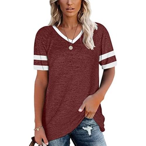 2021 Spring Summer Fashion Casual Stitching V-Neck Color Contrast Short-Sleeve Top T-Shirt Loose Pullover Womens T-Shirt Tops