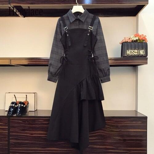 Plus Size Office Ladies Two Pieces Set Streetwear Long Sleeve Plaid Short Top And Irregular Bandage dresses Suits 2021 Women Set