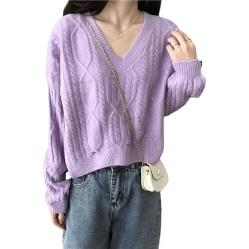 2021 spring new Pullover V-Neck Sweater womens loose outer wear lazy style solid color long sleeved sweater