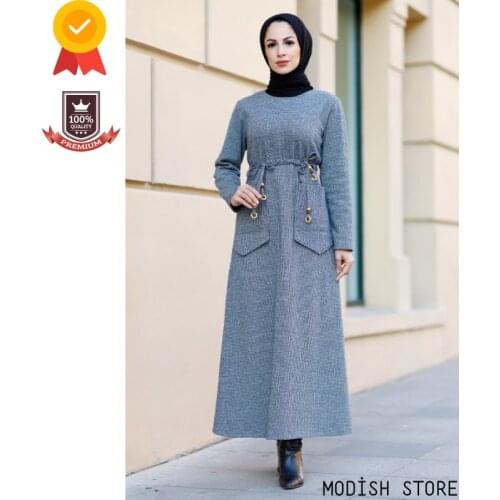 Crew-Nec Unlined Womens Long Muslim Dress 2021 Dubai Abaya Turkey Kaftan Hijab Dress Ramadan Muslim Clothes