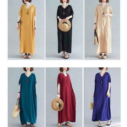 Spring large womens Bohemian V-neck cotton drape dress solid robe loose dress 0512