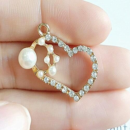 10pcs 21*16mm Metal Alloy KC Gold Crystal Imitation Pearl Heart Charms Pendant DIY Finding For Jewelry Making