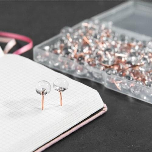 100pcs/box, round drop-shaped transparent thumbtack, rose gold plating and rust-proof metal thumbtack, office stationery