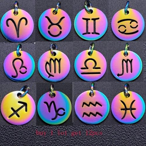 12pcs/lot Stainless Steel Twelve Zodiac Charm DIY Constellation Charms with Rainbow Color Plated for Making Jewelry Accessories