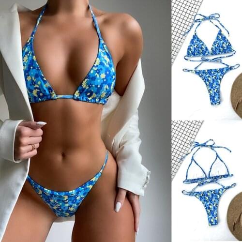 2021 Bikinis Woman Split Halter Lace Low Waist Swimwear Biqini Blue Floral Lace Bikini Beach Bathing Suit