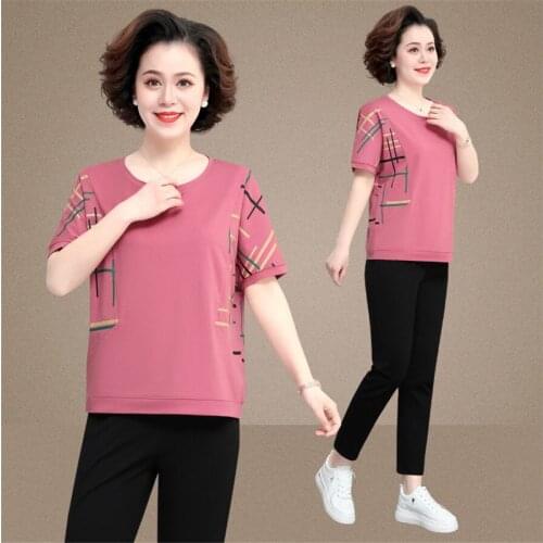 2021 Middle-aged Women Summer Causal Loose Suit Tops short Sleeve with Pants Sets Womens Shirt Mother Tracksuit