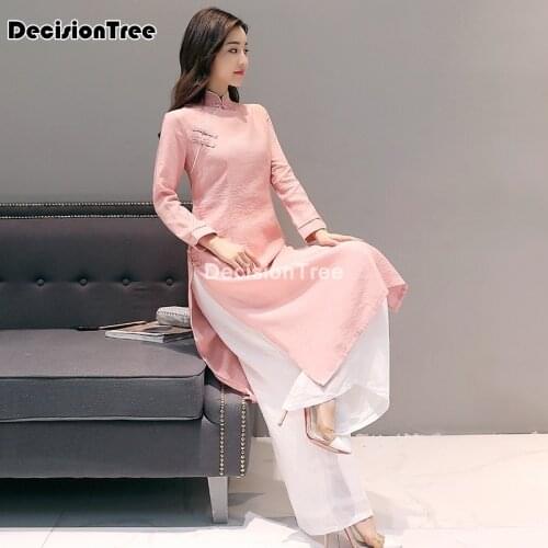 2021 ao dai cheongsam folk style vietnam chiffon aodai graceful stand collar elegant women chinese traditional dress suit