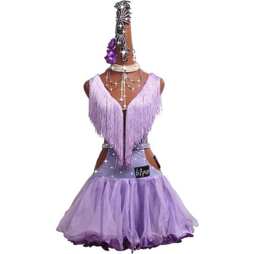 7pcs/set Latin Dance Competition Dresses Performing Dress Dance Dress Vertical cut-out Light Purple Perilla Pleated Dress #LD261