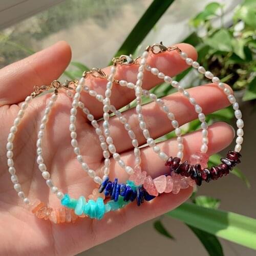 Rock Crystal Chips Gravel Beads Flower Charm Real Garnets Moonstone Amethysts Quartz Tiny Rice Natural Freshwater Pearl Bracelet