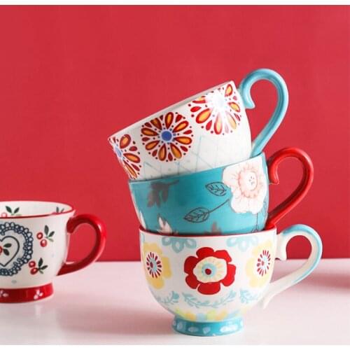Jusen Personality Ceraimcs Handgrip Mugs Coffee Cup Drinkware Multiple Colors Animal Flower Fruit Pattern Breakfast Milk Cups