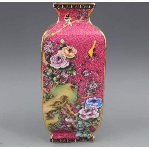 Qing Dynasty Qianlong Enamel Painted Gold Flowers And Birds Square Vase Home Furnishings Boutique Antique Porcelain Collection