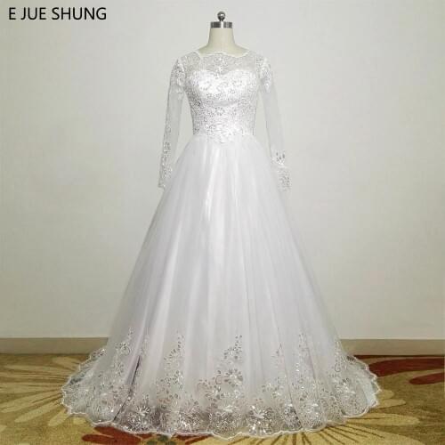 E JUE SHUNG White Shinny Lace Appliques Cheap Wedding Dresses 2018 Long Sleeves Ball Gown Bridal Dress robe de mariee brautkleid
