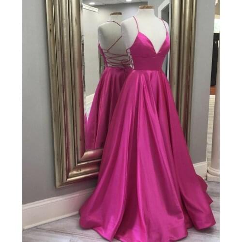 Elegant V-Neck Long Fuchsia Evening Dresses with Pockets A-Line Taffeta Criss Cross Back Abendkleider Robes de Soirée for Women