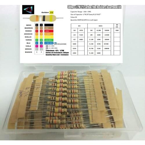 Hot Sale 300pcs 30value Rang 10ohm-1Mohm 1/2W 5% Carbon Film Metal Resistors Assortment Kit Set NEW 30 Values Resistor