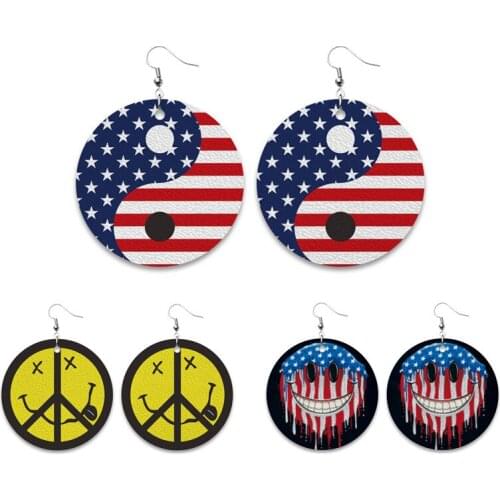 USA Flag Patriotic Stars Smiley Leather Earrings 4th of July Red White and Blue Stripes Earrings Independence Day Gifts