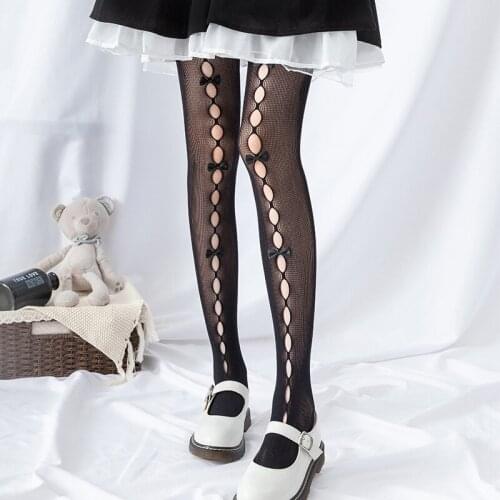 Lolita Pierced Stocking Women Cosplay Bowknot Mesh Stockings Soft Sister Lace Pantynose Girl Tight