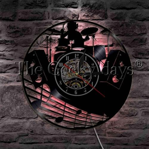 Musical Instrument Drum Kit Vinyl Record Wall Clock With LED Backlight Drummer Rock Music Band Decorative Lighting