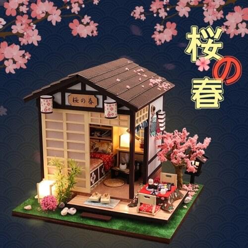 DIY Wooden Doll House Kits Miniatures with Furniture Japanese Loft Cherry Blossom Villa Dollhouse Assembled Toys for Adults Gift