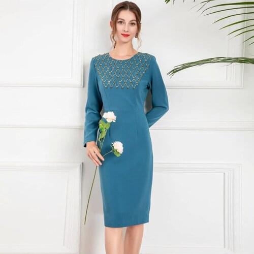 MIUXIMAO 2021 New Autumn Womens Clothing O-Neck Beading Long Sleeve Slim Waist Dress Elegant Fashion Office Style