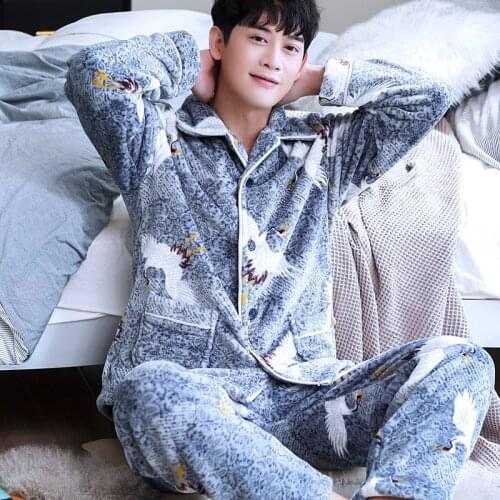 H5898 Sleepwear Young Men Pajamas Set Thick Flannel Cute Homewear Male Coral Velvet Large Size Long Sleeve Winter Warm Nightwear