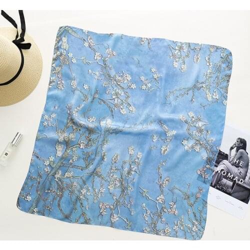 Fashion Silk Square Bandana Scarf For Women Van Gogh Almond Blossom Oil Painting Female Hair Headband Neck Hijab Shawl Scarf