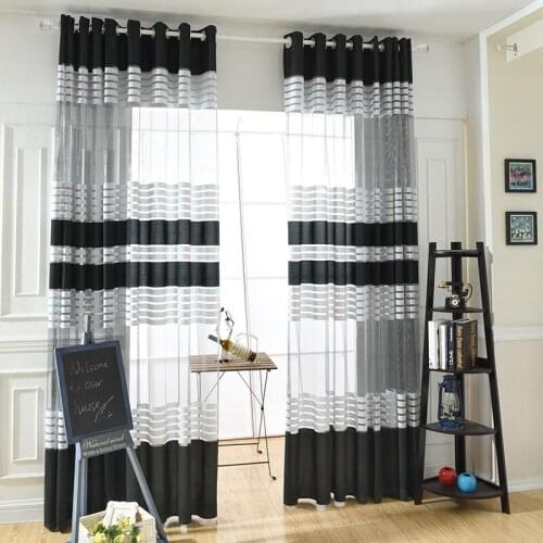 Transparent Tulle White Black Strips Curtains for Living Room Rural Style Yarn for Balcony