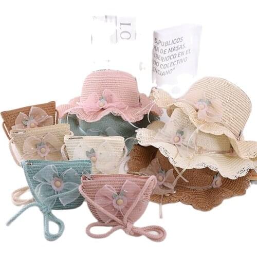 New summer child casual lace flower straw hat handbag set Outdoor holiday Kid girl sun hat Beach Panama cap