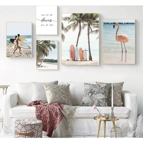 Modern Nordic Seaside Landscape Picture Beach Flamingo Motto Wall Art Oil Painting Home Decoration Design Bedroom Poster Print