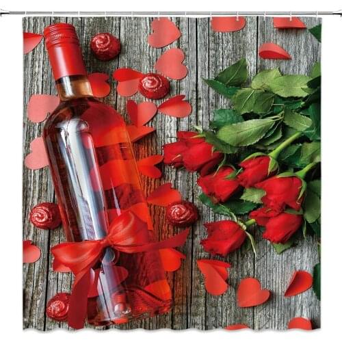 Rose Flower Shower Curtains Red Floral Plant Wine and Chocolate Valentines Day Pattern Bathroom Decor Polyester Cloth Curtain