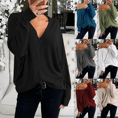 2021 European and American New Personalized Simple V-neck Collar Sleeve Loose Long Sleeve Top off-Shoulder T-shirt for Women