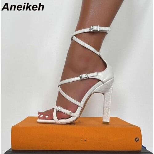 Aneikeh 2021 Summer Womens Shoes Buckle Strap Sandalias De Las Mujeres Sandals TOTEM Party PU Squared Toe Thin Heels Size 35-42